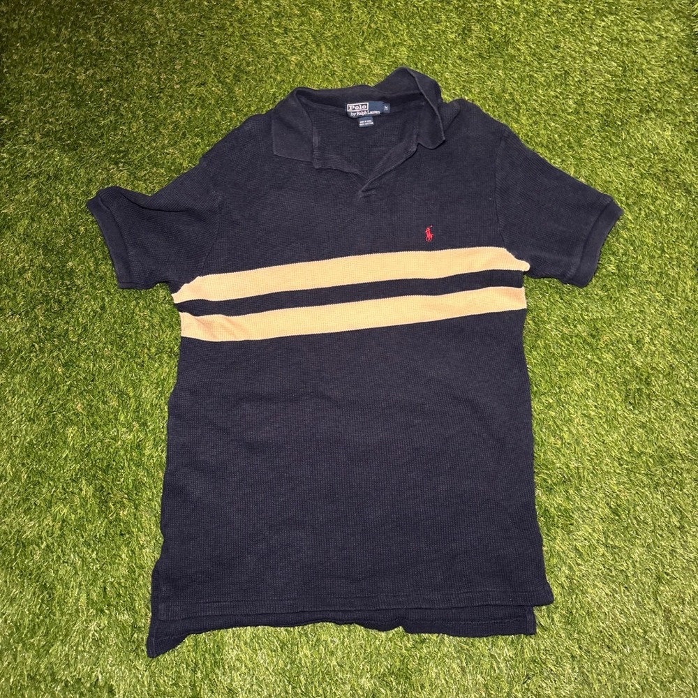 Polo Ralph Lauren Mens Waffle Knit Polo Shirt Navy Blue Tan Stripe Medium